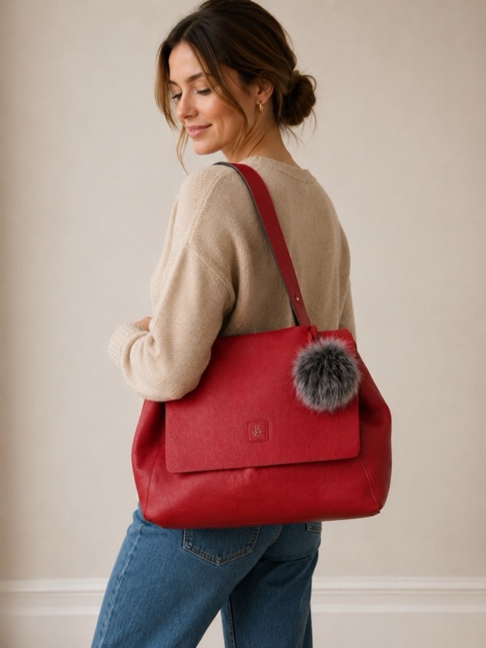 Everyday Red Leather Shoulder Bag with Pom Accent
